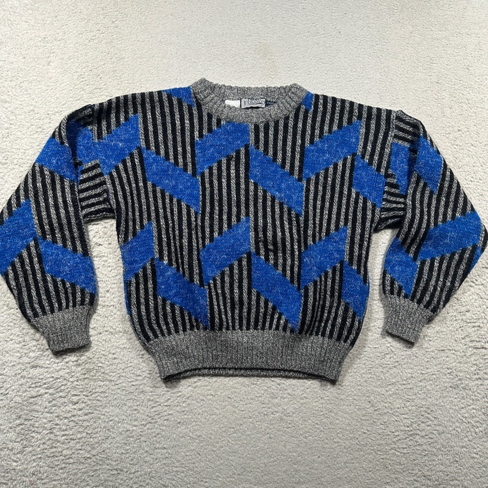 Vintage 80s Bryan Edwards Sweater Kids M Blue Black Geometric Stripe Knit VTG
